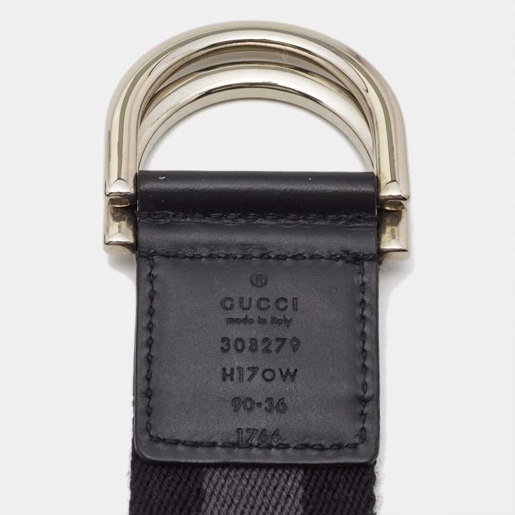 Pre Owned Gucci Black/Grey Canvas Stripe D Ring Belt 90CM