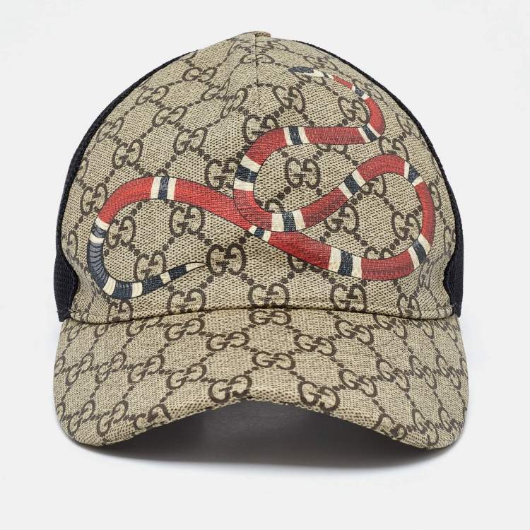Pre Owned Gucci Beige GG Snake Print Canvas & Mesh Baseball Cap S