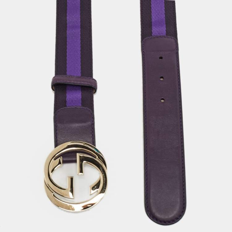 Pre Owned Gucci Purple/Plum Web Fabric and Leather Interlocking G Buckle Belt 95CM