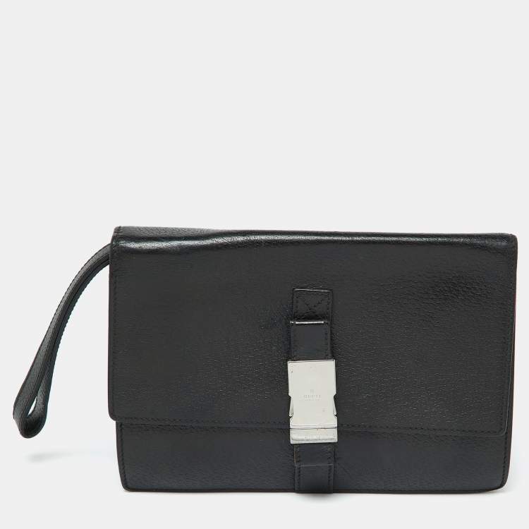Pre Owned Gucci Black Leather Flap Wristlet Pouch