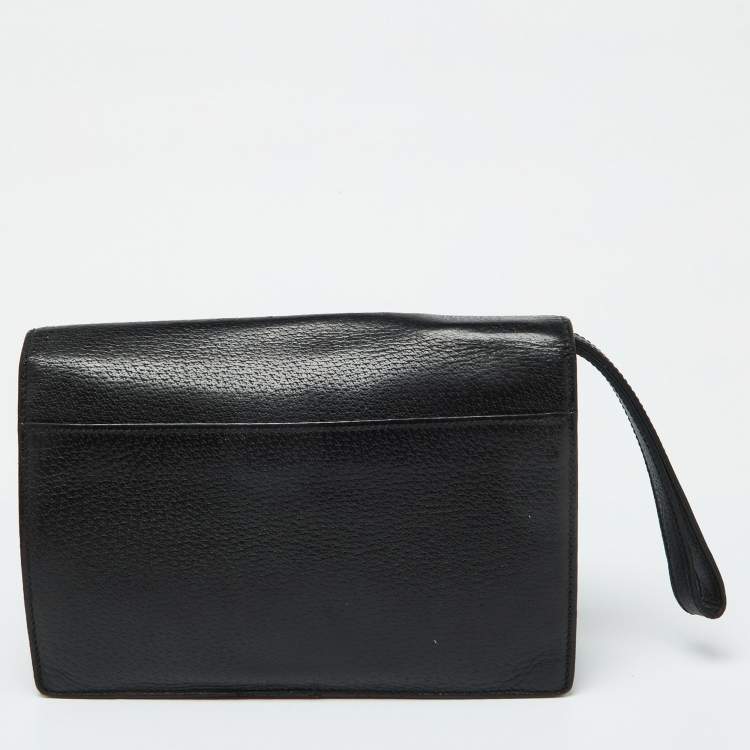 Pre Owned Gucci Black Leather Flap Wristlet Pouch