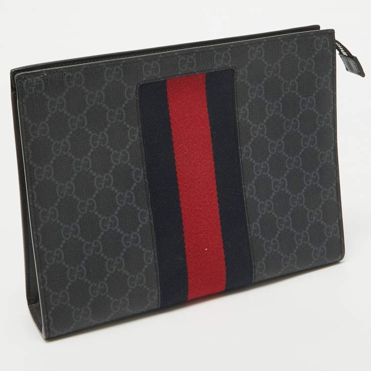 Pre Owned Gucci Black GG Supreme Canvas Web Zip Pouch
