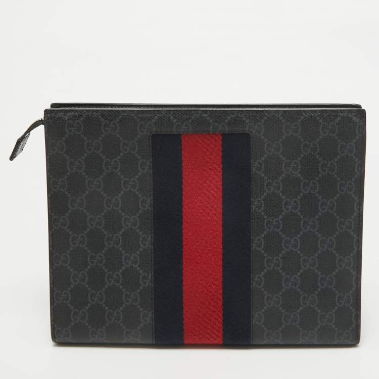 Pre Owned Gucci Black GG Supreme Canvas Web Zip Pouch