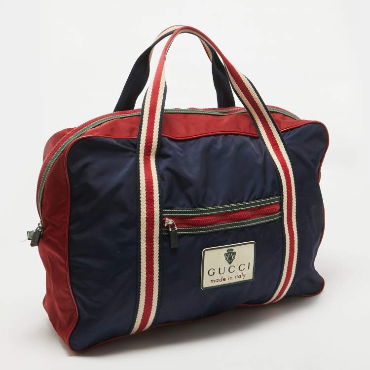 Pre Owned Gucci Red/Dark Blue Nylon Logo Travel Bag