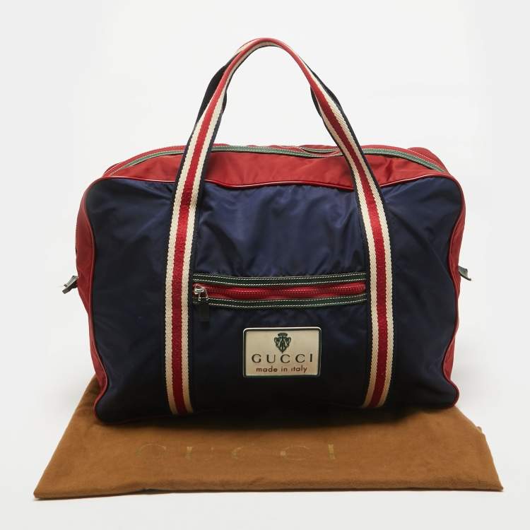 Pre Owned Gucci Red/Dark Blue Nylon Logo Travel Bag