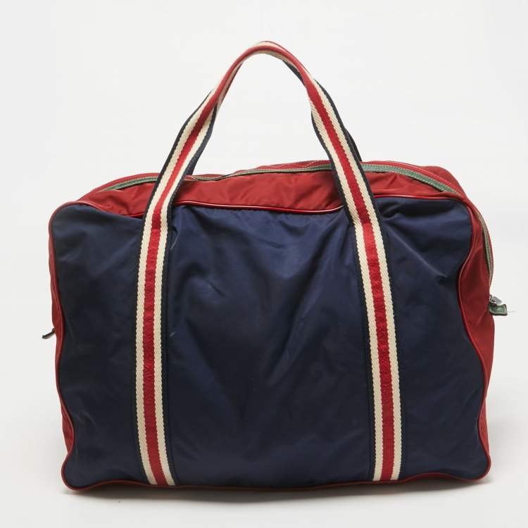 Pre Owned Gucci Red/Dark Blue Nylon Logo Travel Bag
