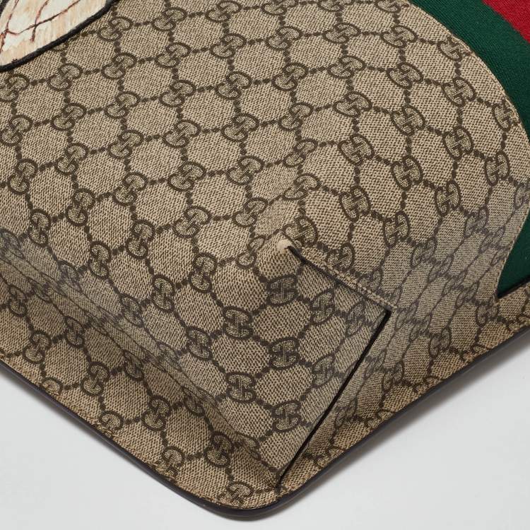 Pre Owned Gucci Beige GG Supreme Canvas and Leather Animalier Vertical Tote