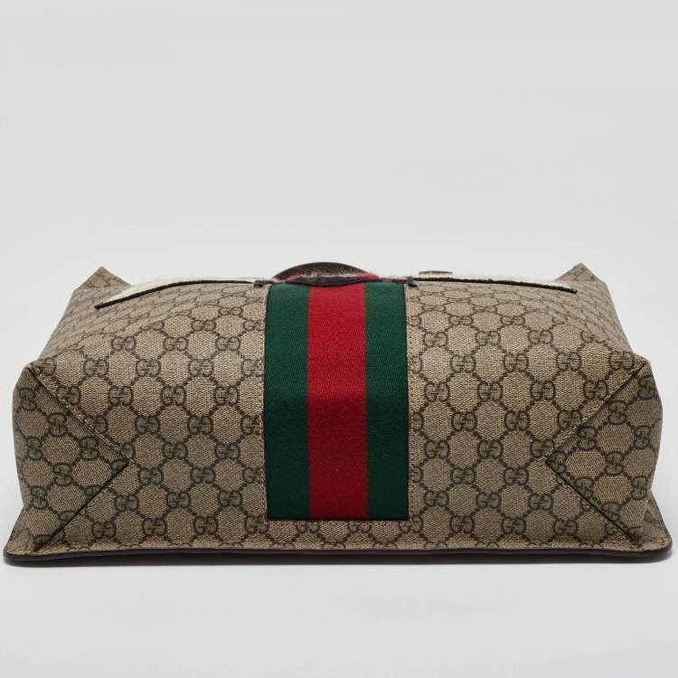 Pre Owned Gucci Beige GG Supreme Canvas and Leather Animalier Vertical Tote