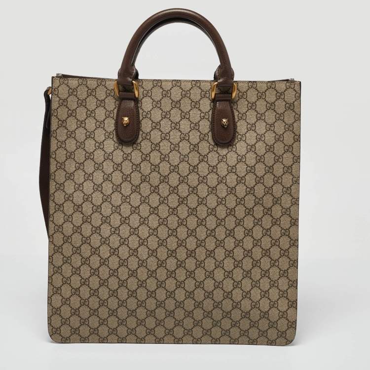 Pre Owned Gucci Beige GG Supreme Canvas and Leather Animalier Vertical Tote