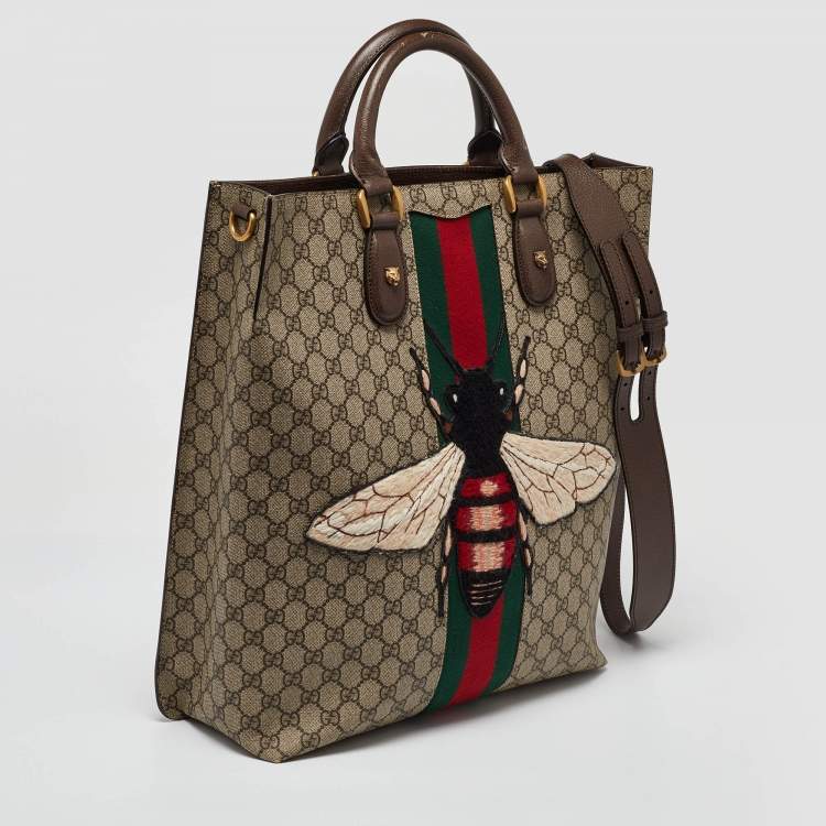 Pre Owned Gucci Beige GG Supreme Canvas and Leather Animalier Vertical Tote