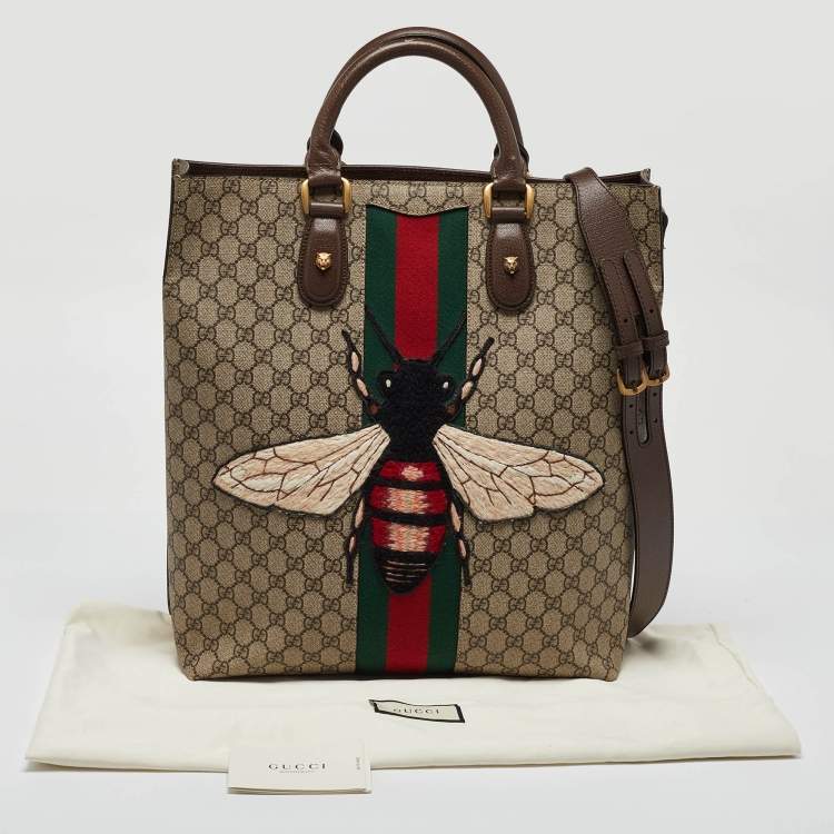 Pre Owned Gucci Beige GG Supreme Canvas and Leather Animalier Vertical Tote