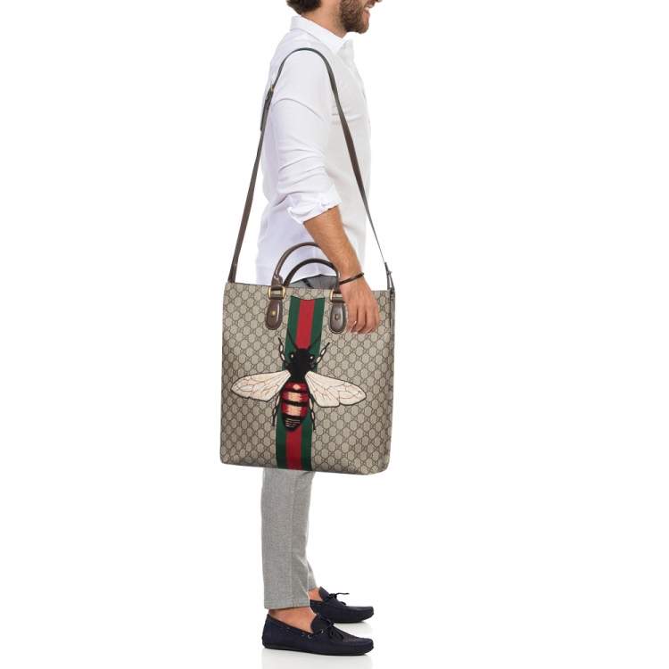 Pre Owned Gucci Beige GG Supreme Canvas and Leather Animalier Vertical Tote