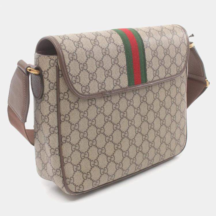 Pre Owned Gucci Beige Brown Multicolor Coated Canvas Leather Ophidia GG Supreme Medium Bag