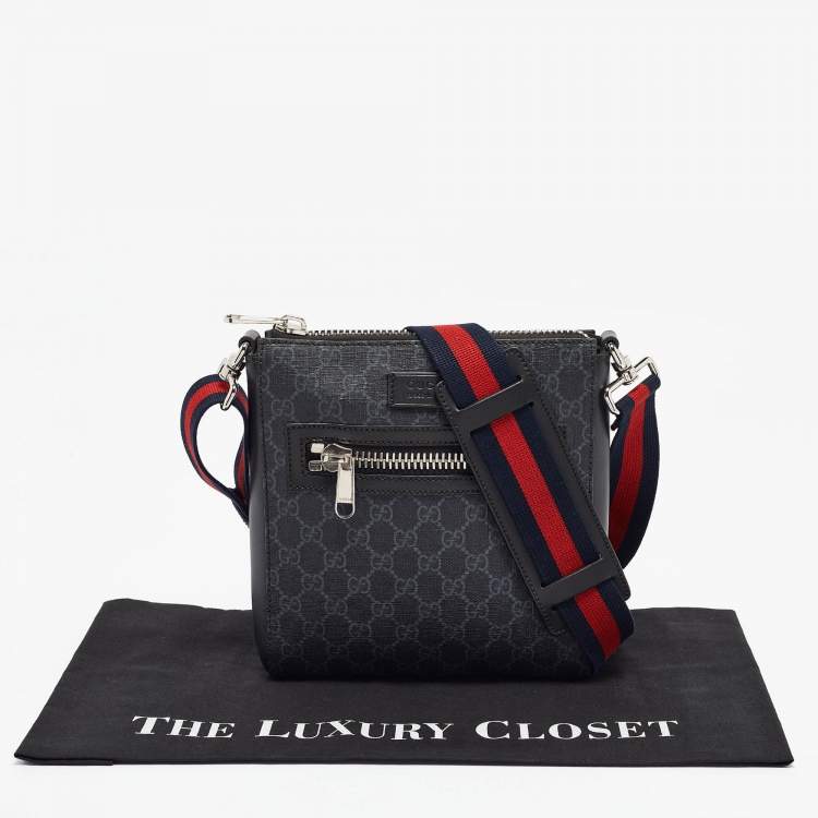 Pre Owned Gucci Black GG Supreme Canvas and Leather Small Web Messenger Bag