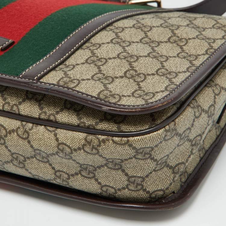 Pre Owned Gucci Beige/Brown GG Supreme Canvas and Leather Web Flap Messenger Bag