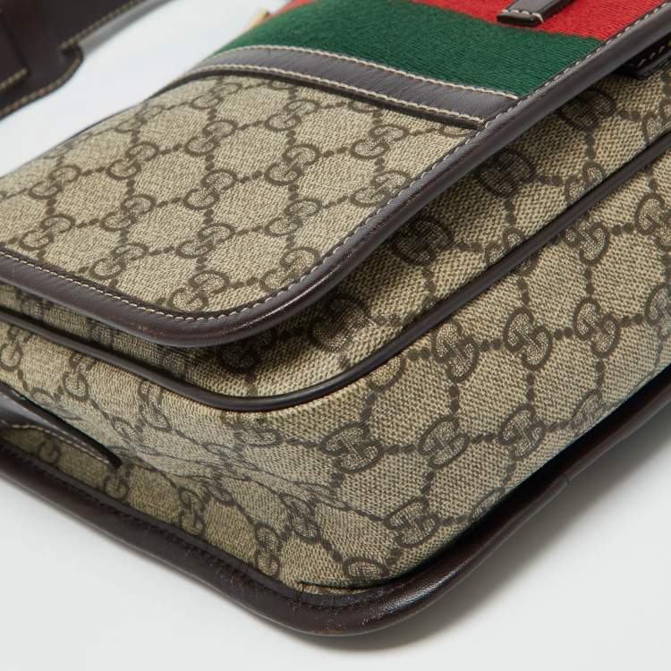 Pre Owned Gucci Beige/Brown GG Supreme Canvas and Leather Web Flap Messenger Bag
