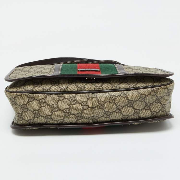 Pre Owned Gucci Beige/Brown GG Supreme Canvas and Leather Web Flap Messenger Bag