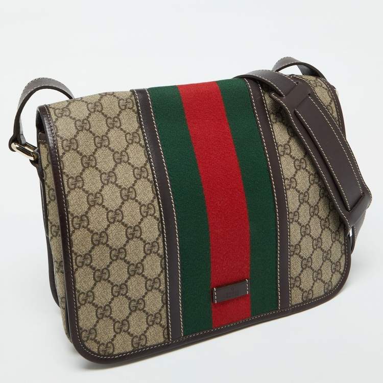 Pre Owned Gucci Beige/Brown GG Supreme Canvas and Leather Web Flap Messenger Bag