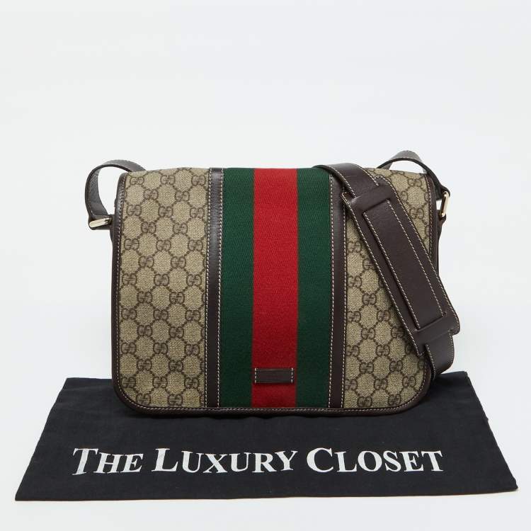 Pre Owned Gucci Beige/Brown GG Supreme Canvas and Leather Web Flap Messenger Bag