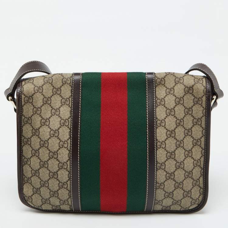Pre Owned Gucci Beige/Brown GG Supreme Canvas and Leather Web Flap Messenger Bag