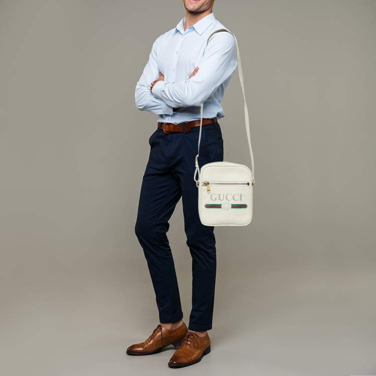 Pre Owned Gucci White Leather Logo Print Messenger Bag