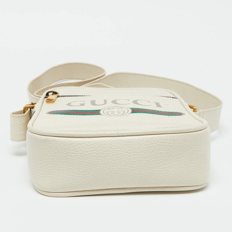 Pre Owned Gucci White Leather Logo Print Messenger Bag