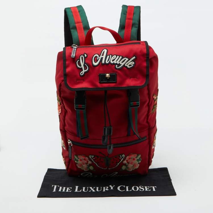 Pre Owned Gucci Red Canvas L'Aveugle Par Amour Embroidered Techno Backpack
