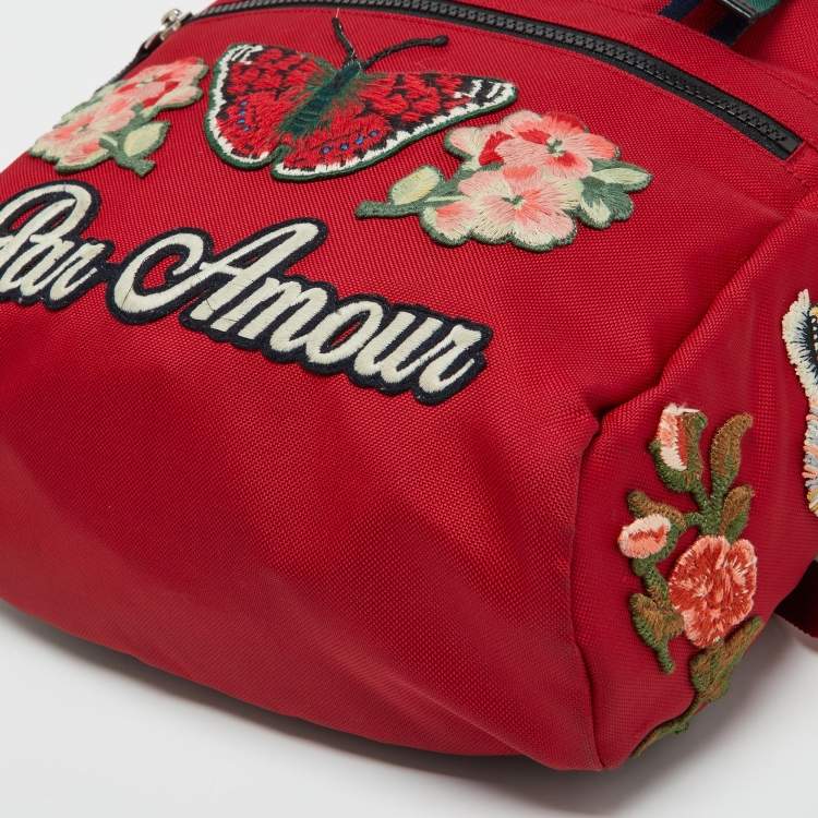 Pre Owned Gucci Red Canvas L'Aveugle Par Amour Embroidered Techno Backpack