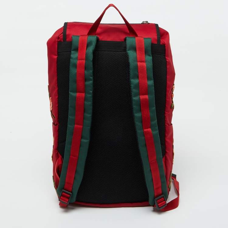 Pre Owned Gucci Red Canvas L'Aveugle Par Amour Embroidered Techno Backpack