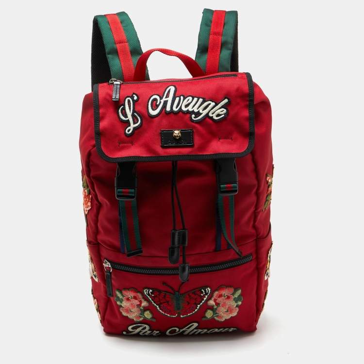 Pre Owned Gucci Red Canvas L'Aveugle Par Amour Embroidered Techno Backpack