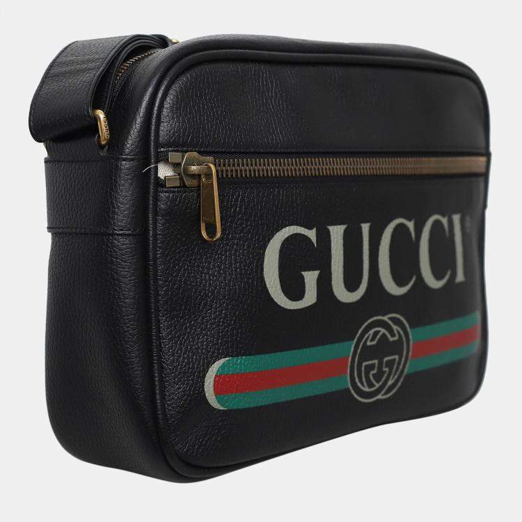 Pre Owned Gucci Logo Leather Messenger Bag
