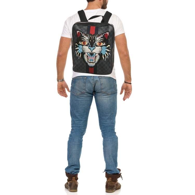 Pre Owned Gucci Black GG Supreme Canvas and Leather Angry Cat Backpack