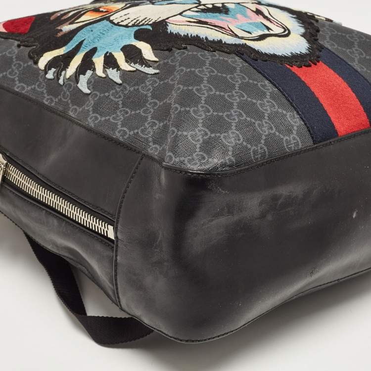 Pre Owned Gucci Black GG Supreme Canvas and Leather Angry Cat Backpack