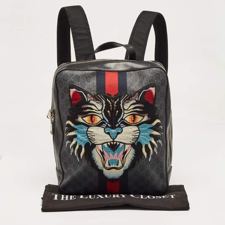 Pre Owned Gucci Black GG Supreme Canvas and Leather Angry Cat Backpack