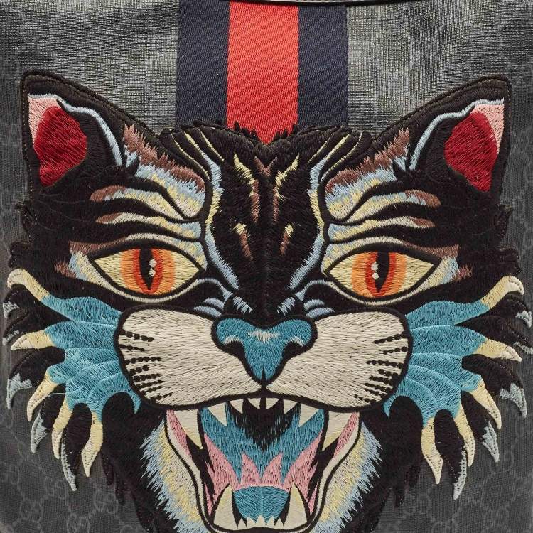 Pre Owned Gucci Black GG Supreme Canvas and Leather Angry Cat Backpack