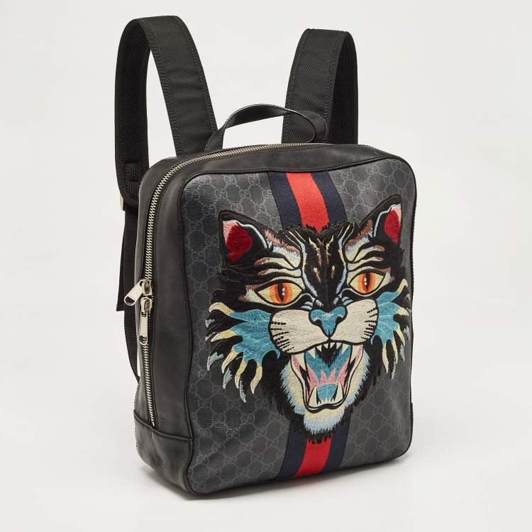 Pre Owned Gucci Black GG Supreme Canvas and Leather Angry Cat Backpack