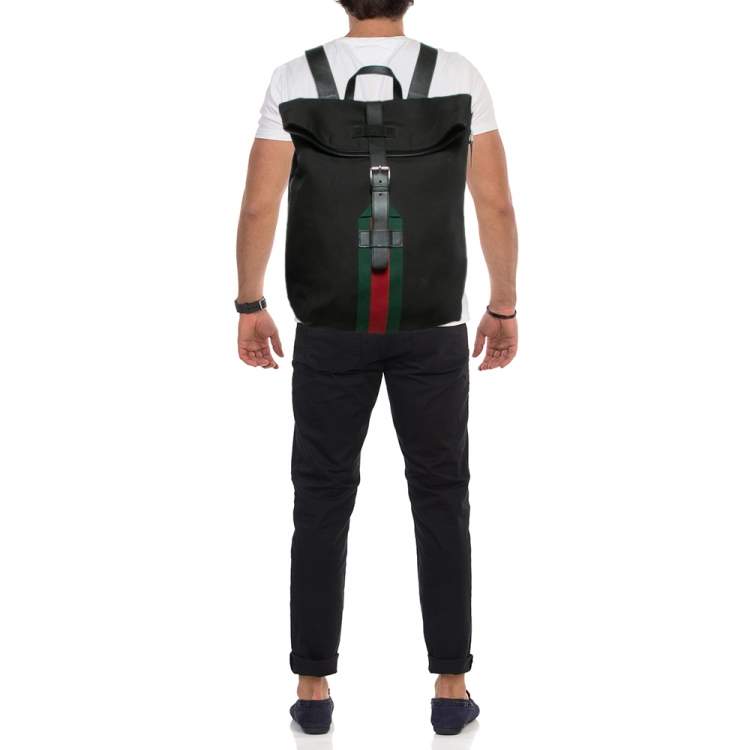 Pre Owned Gucci Black Leather and Nylon Web Fold Over Backpack