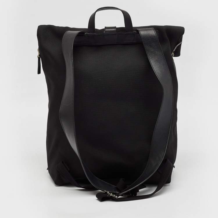 Pre Owned Gucci Black Leather and Nylon Web Fold Over Backpack