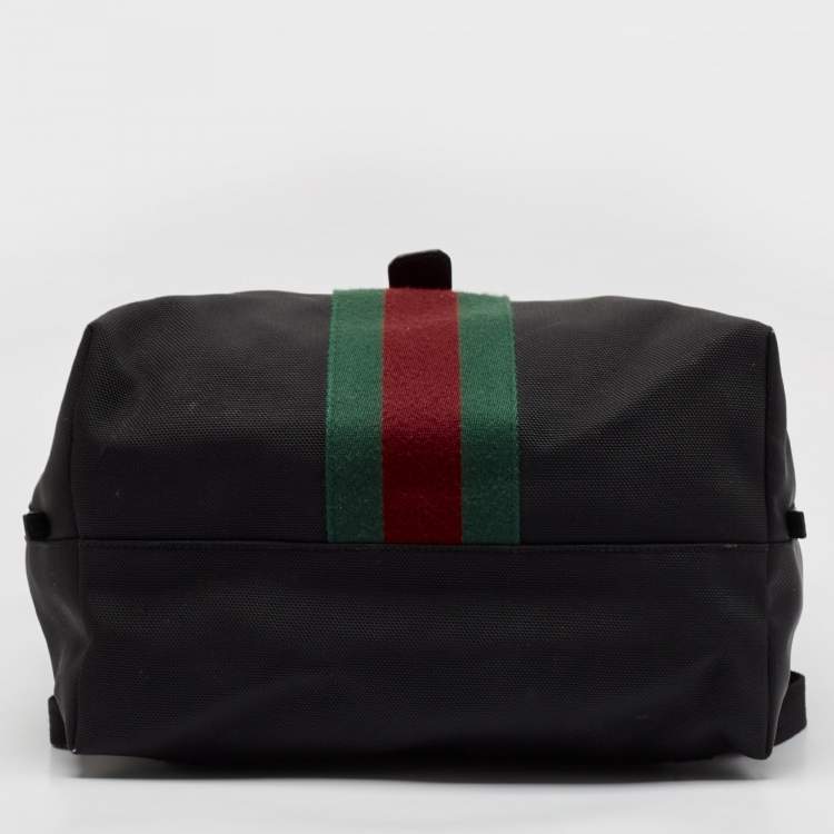 Pre Owned Gucci Black Leather and Nylon Web Fold Over Backpack