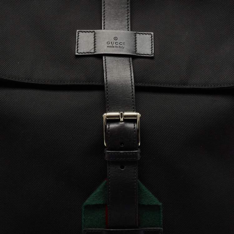 Pre Owned Gucci Black Leather and Nylon Web Fold Over Backpack