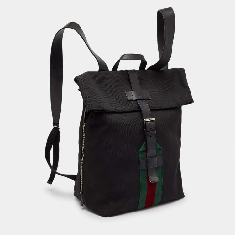 Pre Owned Gucci Black Leather and Nylon Web Fold Over Backpack