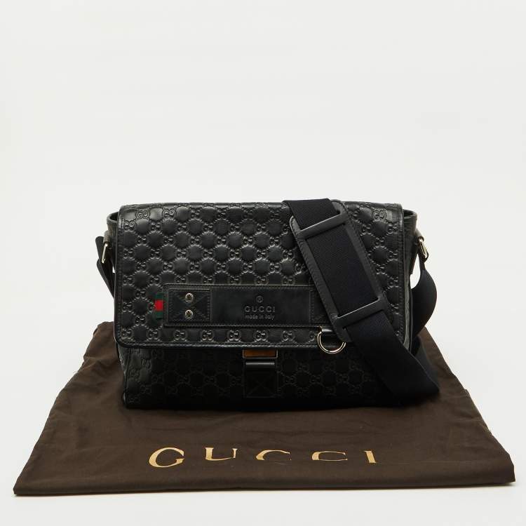 Pre Owned Gucci Black Guccissima Leather Flap Messenger Bag