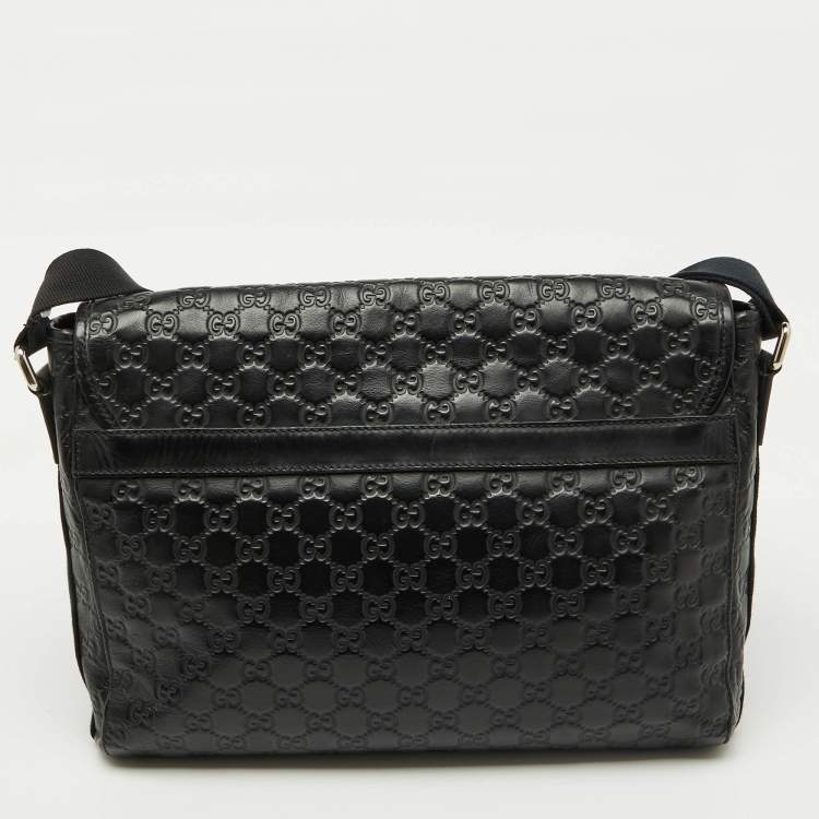 Pre Owned Gucci Black Guccissima Leather Flap Messenger Bag