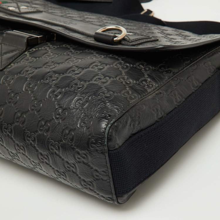 Pre Owned Gucci Black Guccissima Leather Flap Messenger Bag