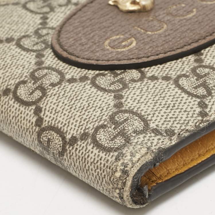 Pre Owned Gucci Beige/Brown GG Supreme Canvas and Leather Tiger Head Bifold Wallet