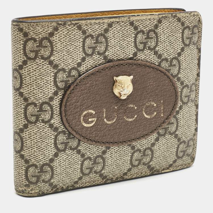Pre Owned Gucci Beige/Brown GG Supreme Canvas and Leather Tiger Head Bifold Wallet