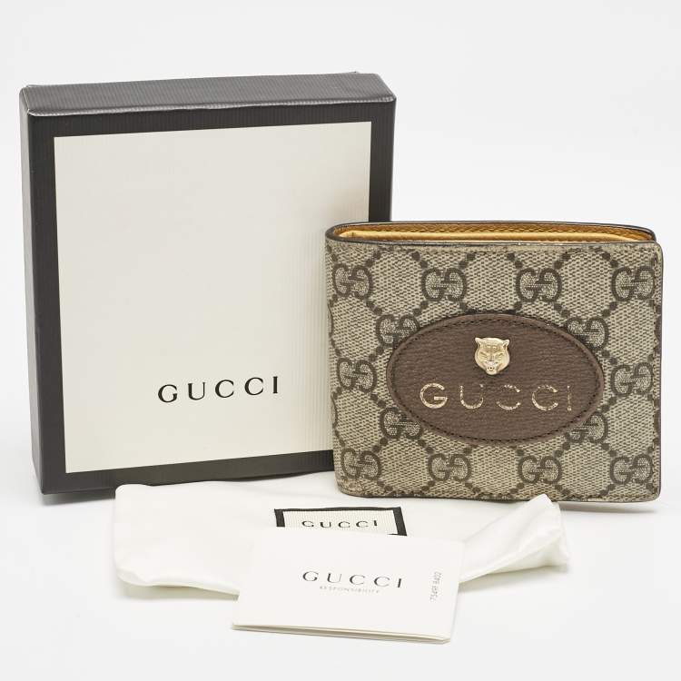 Pre Owned Gucci Beige/Brown GG Supreme Canvas and Leather Tiger Head Bifold Wallet