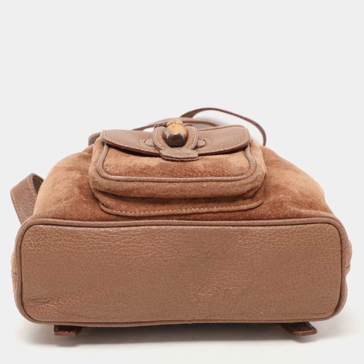مملوكة مسبقًا Gucci Brown Suede and Leather Bamboo Drawstring Backpack