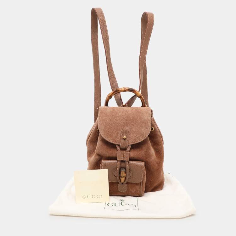مملوكة مسبقًا Gucci Brown Suede and Leather Bamboo Drawstring Backpack