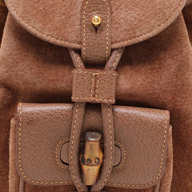 مملوكة مسبقًا Gucci Brown Suede and Leather Bamboo Drawstring Backpack
